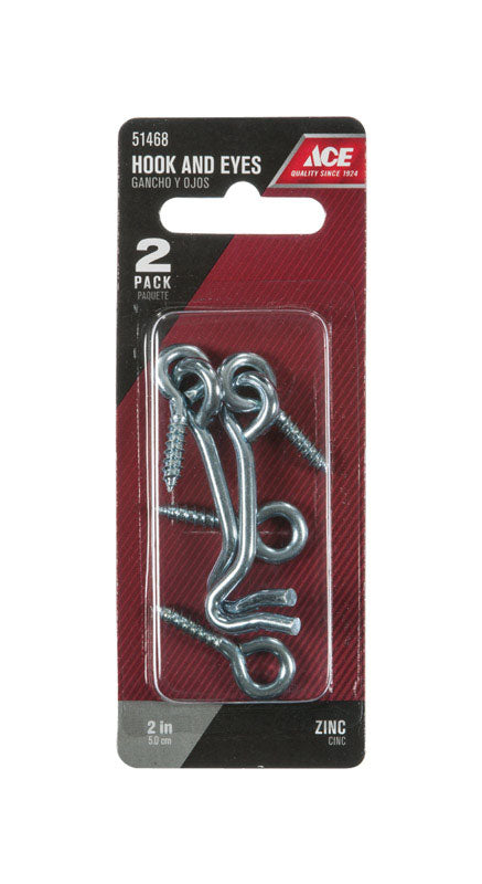 Ace Small Zinc-Plated Silver Steel 2 in. L Hook and Eye 2 pk