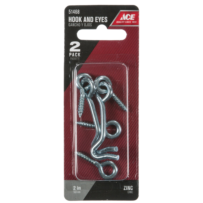 Ace Small Zinc-Plated Silver Steel 2 in. L Hook and Eye 2 pk