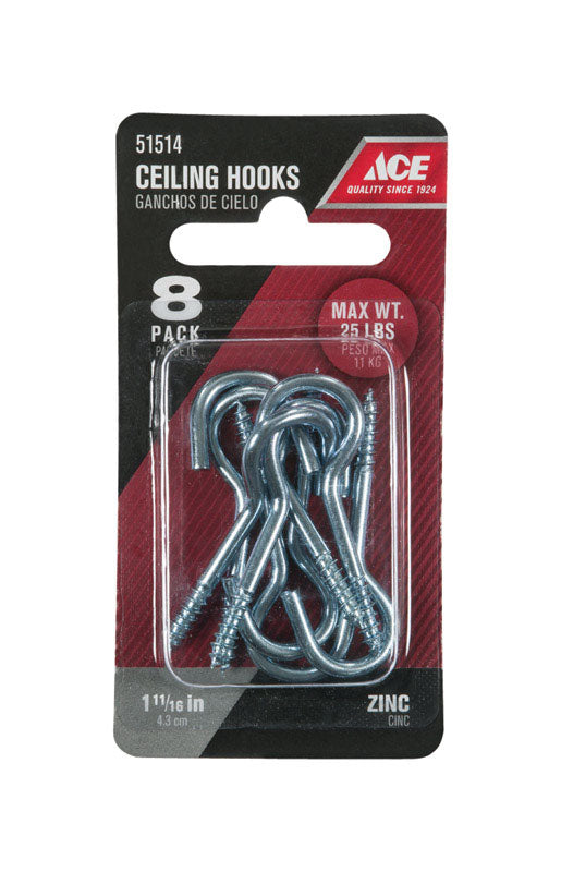 Ace Small Zinc-Plated Silver Steel 1.6875 in. L Ceiling Hook 25 lb 8 pk