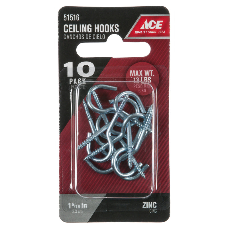 Ace Small Zinc-Plated Silver Steel 1.3125 in. L Ceiling Hook 13 lb 10 pk