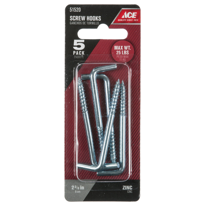 Ace Small Zinc-Plated Silver Steel 2.375 in. L Square Bend Screw Hook 25 lb 6 pk