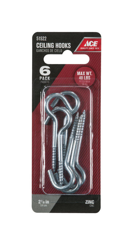 Ace Medium Zinc-Plated Silver Steel 2-1/8 in. L Ceiling Hook 40 lb 6 pk
