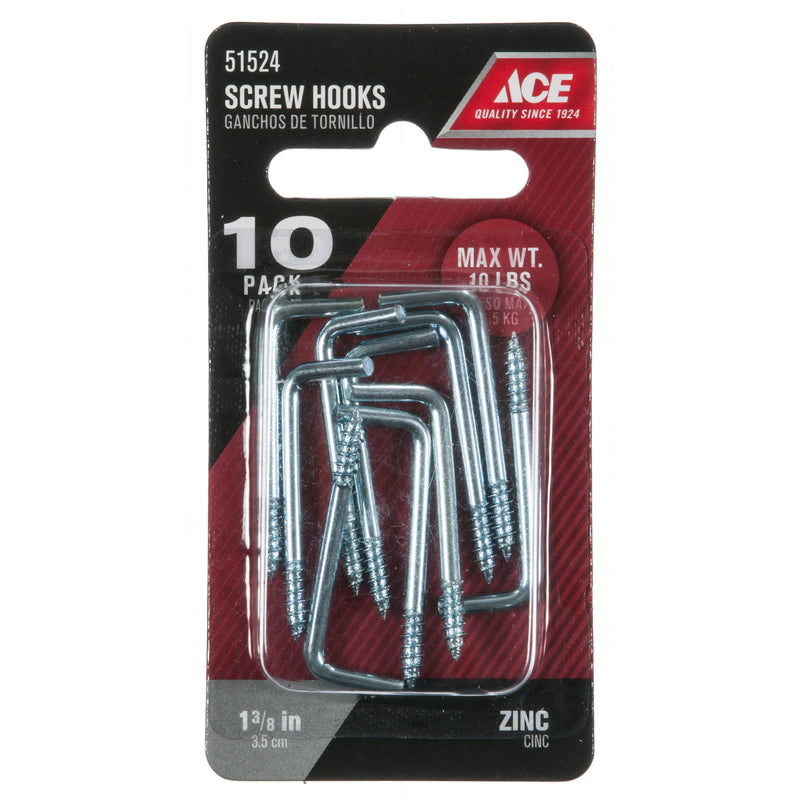 Ace Small Zinc-Plated Silver Steel 1.375 in. L Square Bend Screw Hook 10 lb 10 pk