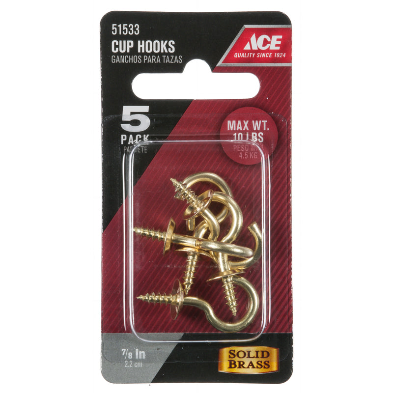 Ace Small Polished Brass Green Brass 1.25 in. L Cup Hook 10 lb 5 pk