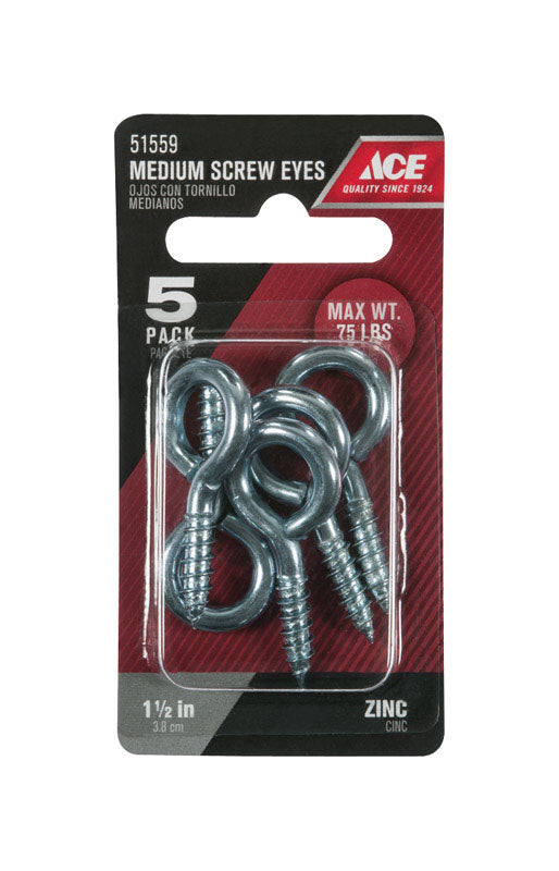 Ace 3/16 in. D X 1-1/2 in. L Zinc-Plated Steel Screw Eye 75 lb. cap. 5 pk