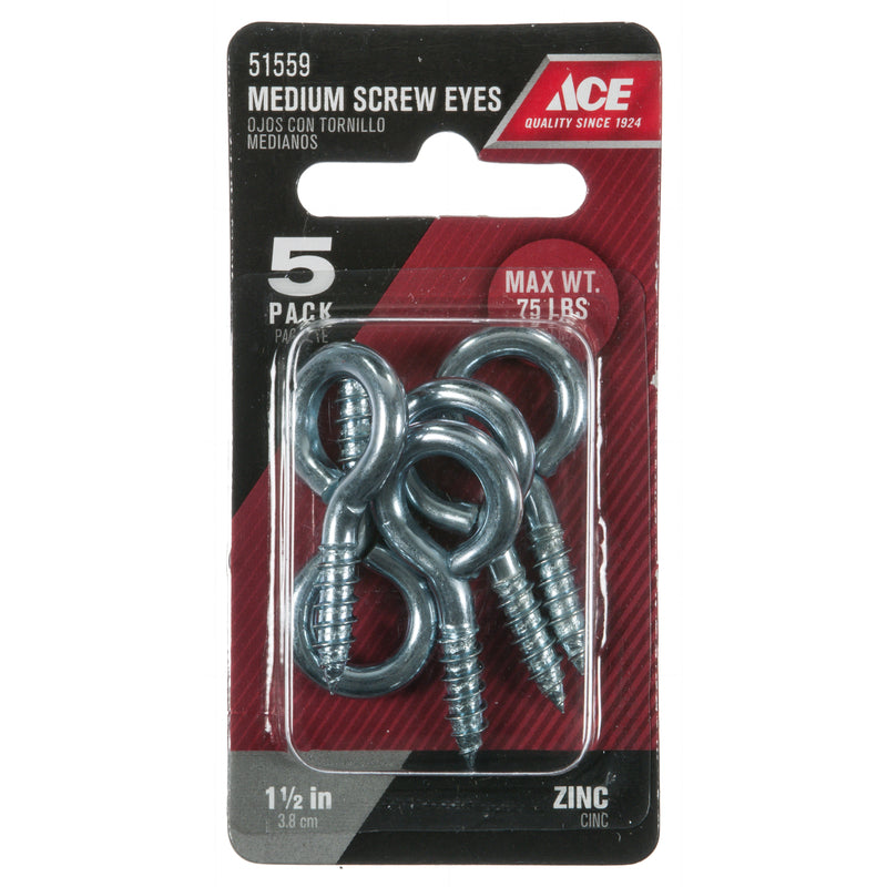 Ace 3/16 in. D X 1-1/2 in. L Zinc-Plated Steel Screw Eye 75 lb. cap. 5 pk