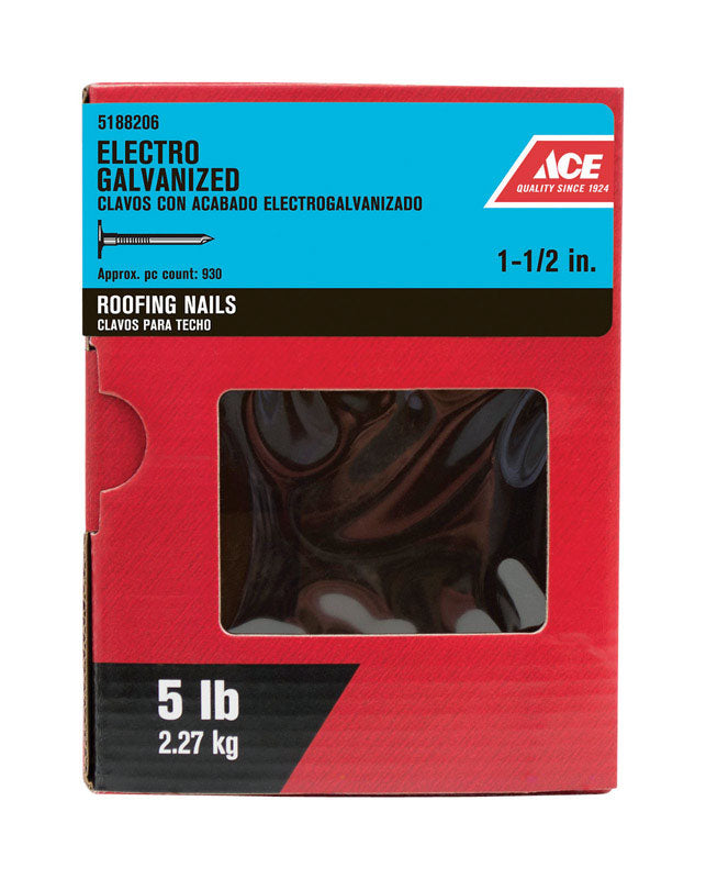 Ace 1-1/2 in. Roofing Electro-Galvanized Steel Nail Large Head 5 lb