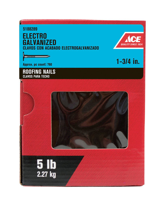 Ace 1-3/4 in. Roofing Electro-Galvanized Steel Nail Large Head 5 lb