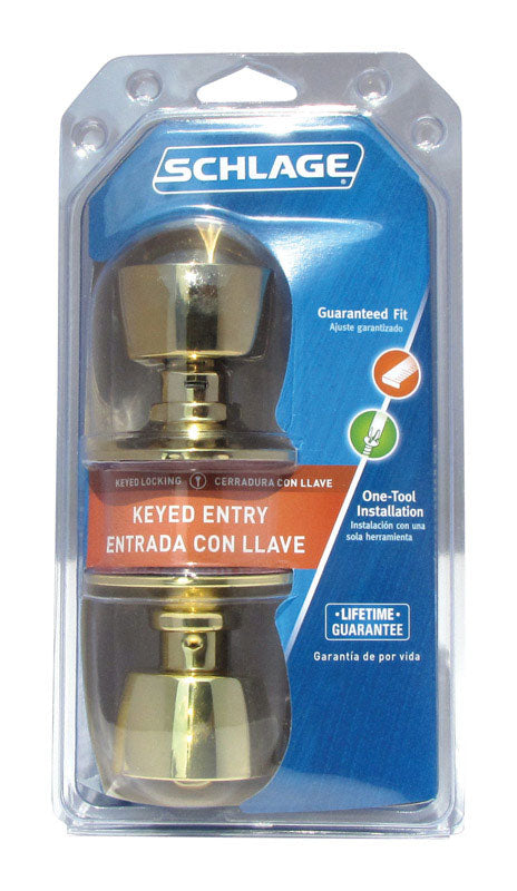 Schlage Bell Bright Brass Entry Lockset 1-3/4 in.