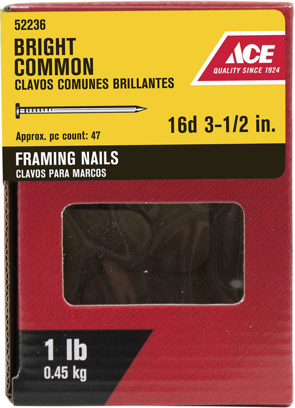 Ace 16D 3-1/2 in. Common Bright Steel Nail Round Head 1 lb