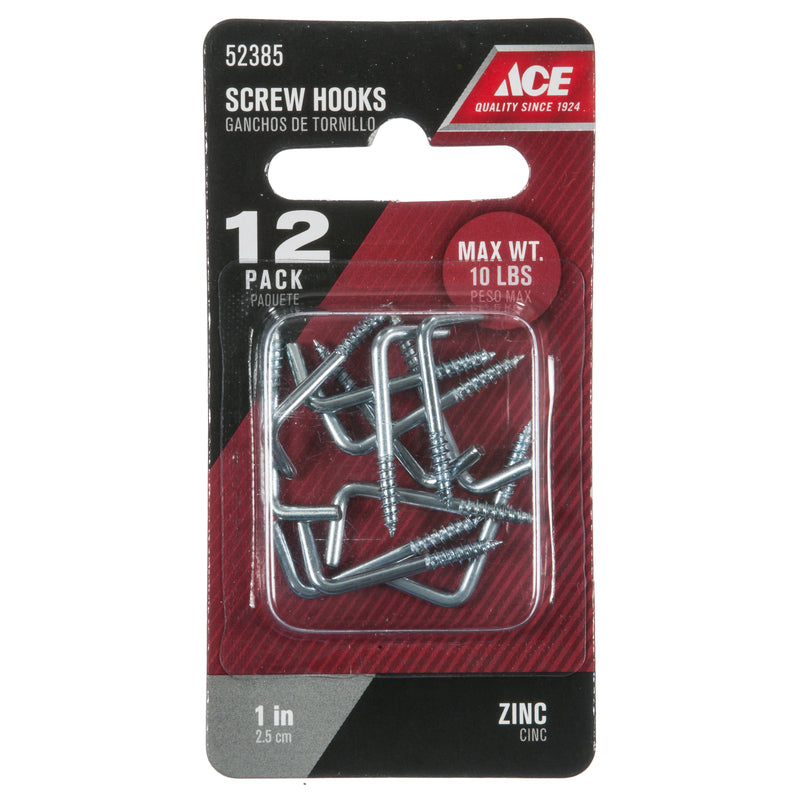 Ace Small Zinc-Plated Silver Steel 1 in. L Square Bend Screw Hook 10 lb 12 pk
