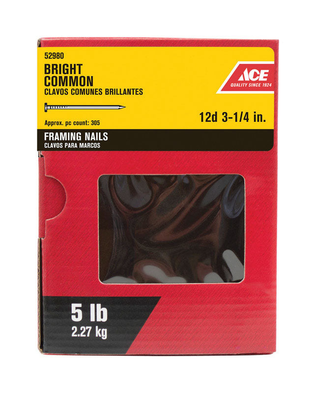 Ace 12D 3-1/4 in. Framing Bright Steel Nail Flat Head 5 lb