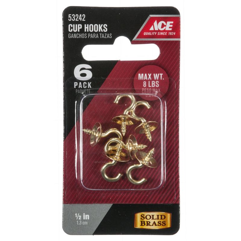 Ace Small Polished Brass Green Brass 0.1875 in. L Cup Hook 8 lb 6 pk