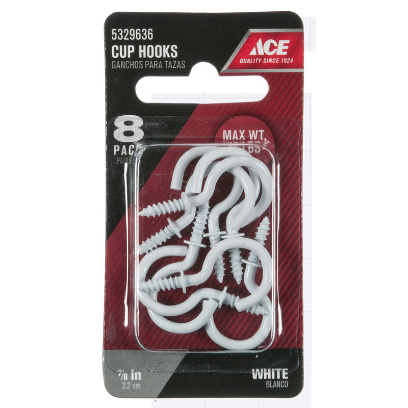 Ace Small White Steel 0.875 in. L Cup Hook 8 pk