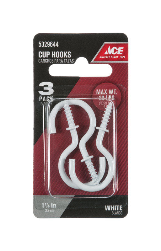 Ace Small White Steel 1.1875 in. L Cup Hook 20 lb 3 pk