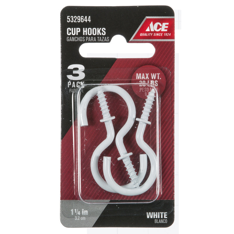 Ace Small White Steel 1.1875 in. L Cup Hook 20 lb 3 pk