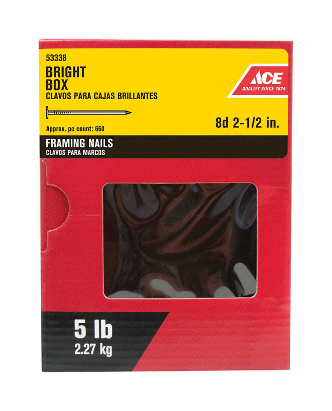 Ace 8D 2-1/2 in. Box Bright Steel Nail Flat Head 5 lb