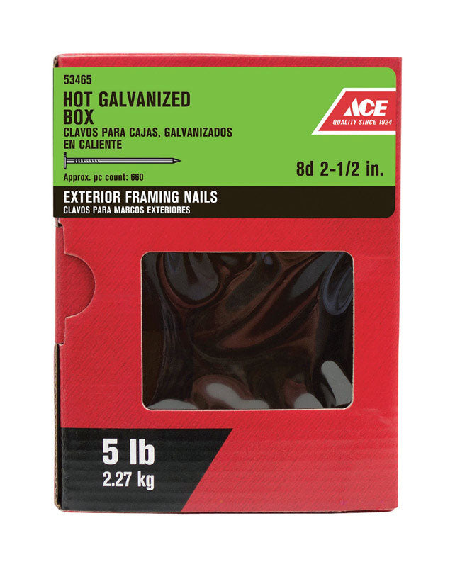 Ace 8D 2-1/2 in. Box Hot-Dipped Galvanized Steel Nail Flat Head 5 lb