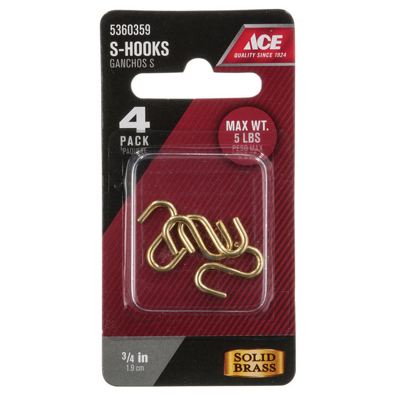 Ace Small Polished Brass Green Brass 0.6875 in. L S-Hook 5 lb 4 pk