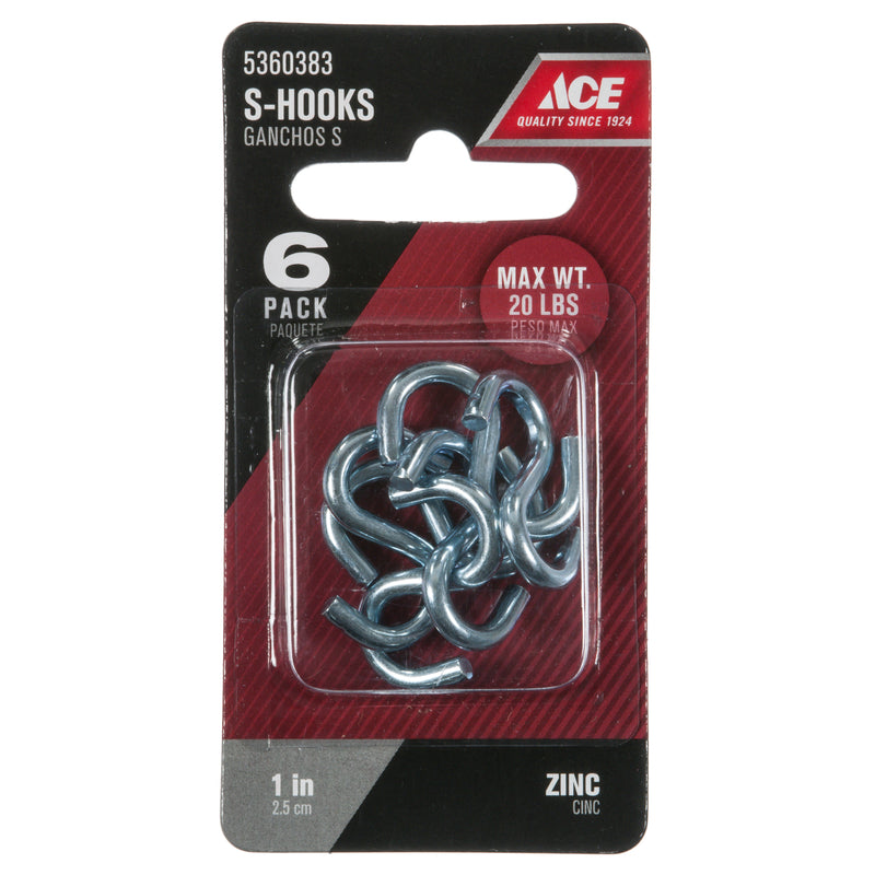 Ace Medium Zinc-Plated Silver Steel 1 in. L Heavy S-Hook 20 lb 6 pk