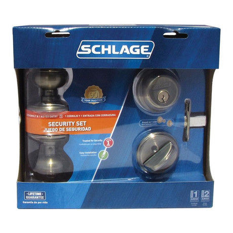 Schlage Georgian Antique Brass Knob and Single Cylinder Deadbolt 1-3/4 in.