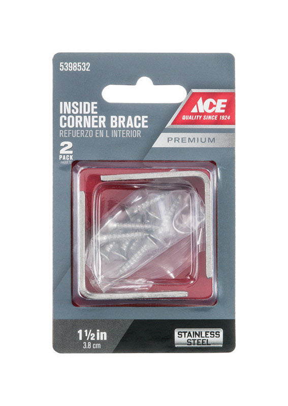 Ace 1-1/2 in. H X 2.75 in. W X 1-1/2 in. D Stainless Steel Inside L Corner Brace
