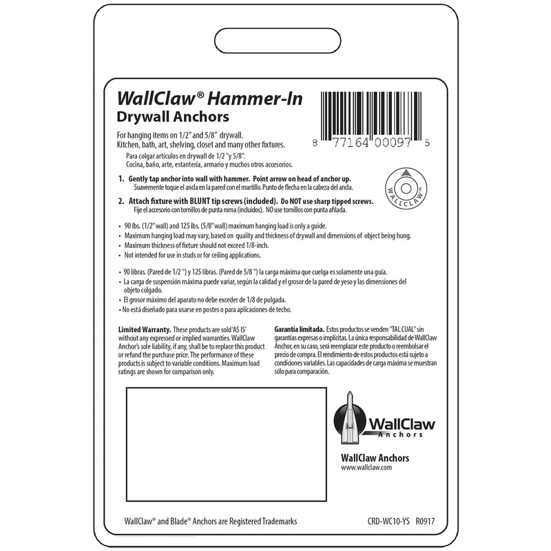 WallClaw Anchors .25 in. D X 2 in. L Plastic/Steel Pan Head Wallboard Anchors 10 pk