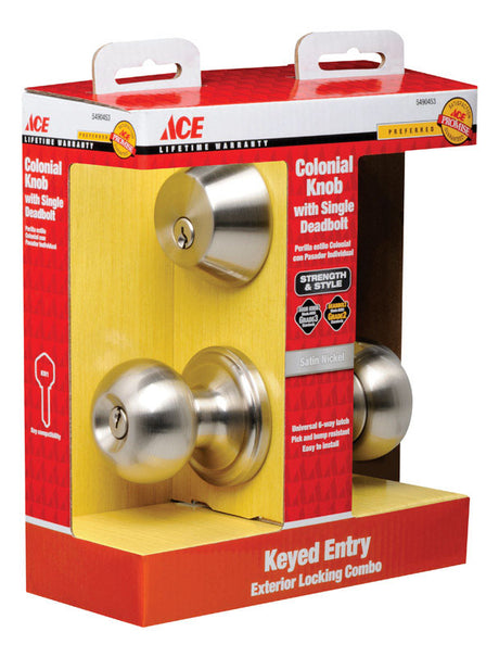 Ace Colonial Satin Nickel Knob and Deadbolt Set 1-3/4 in.