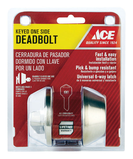 Ace Brushed Chrome Stainless Steel Single Cylinder Deadbolt