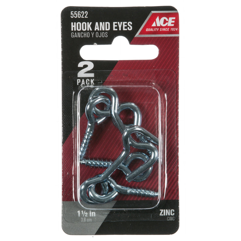 Ace Small Zinc-Plated Silver Steel 1.5 in. L Hook and Eye 2 pk