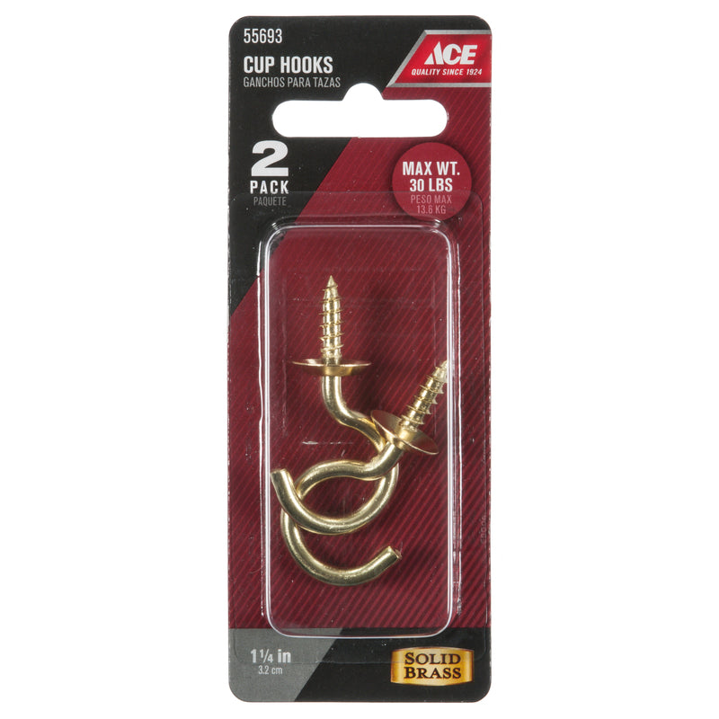 Ace Small Polished Brass Green Brass 1.875 in. L Cup Hook 30 lb 2 pk