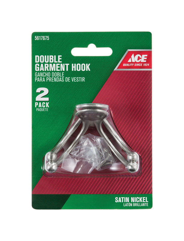 Ace 1 in. L Satin Nickel Silver Brass Small Double Garment Hook 2 pk