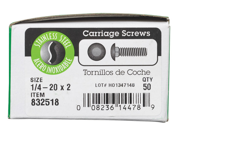 BOLT CARRIAGE 1/4X2" SS