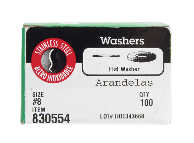 WASHER FLAT SS #8 100PK