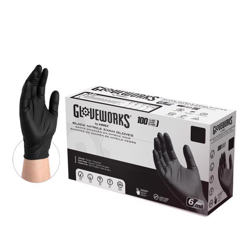 AMMEX Gloveworks Nitrile Disposable Exam Gloves X-Large Black Powder Free 100 pk