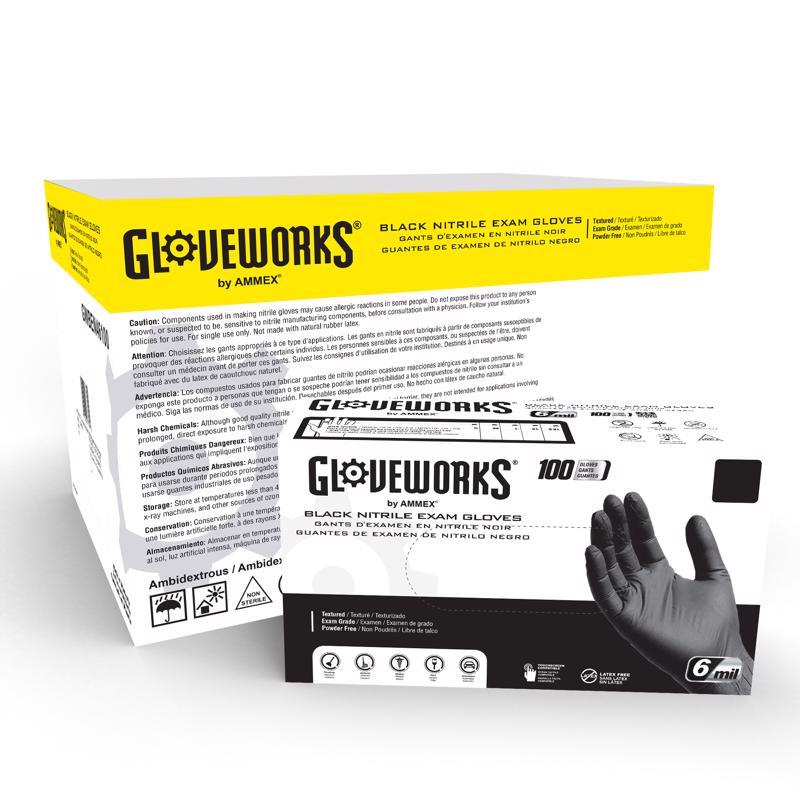 Gloveworks Nitrile Disposable Exam Gloves Medium Black Powder Free 100 pk