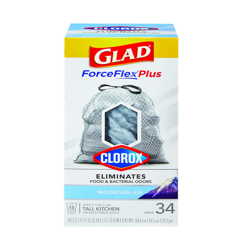 Glad Force Flex Plus 13 gal Mountain Air Scent Tall Kitchen Bags Drawstring 34 pk 0.82 mil