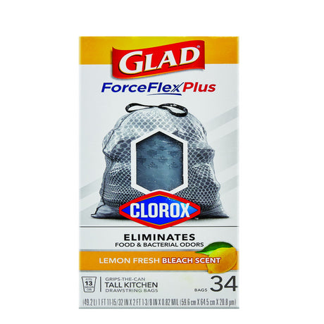 Glad Force Flex Plus 13 gal Lemon Scent Tall Kitchen Bags Drawstring 34 pk 0.82 mil