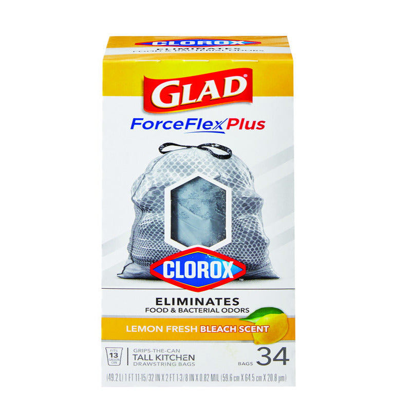 Glad Force Flex Plus 13 gal Lemon Scent Tall Kitchen Bags Drawstring 34 pk 0.82 mil