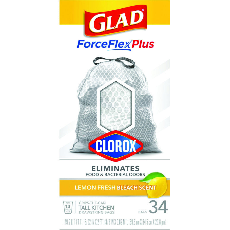 Glad Force Flex Plus 13 gal Lemon Scent Tall Kitchen Bags Drawstring 34 pk 0.82 mil