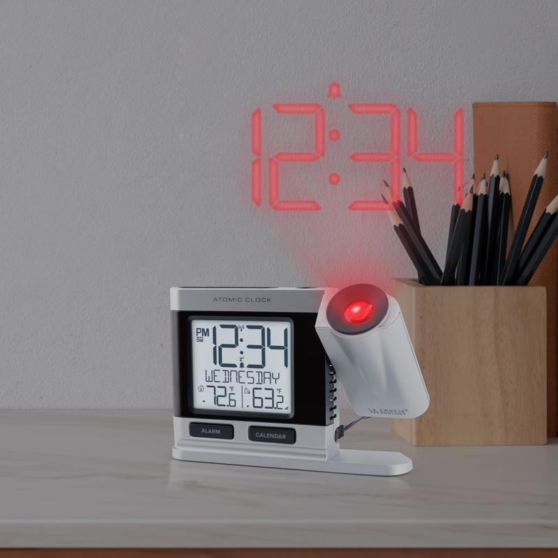 La Crosse Technology 2.5 in. Silver Atomic Projection Alarm Clock LCD Plug-In
