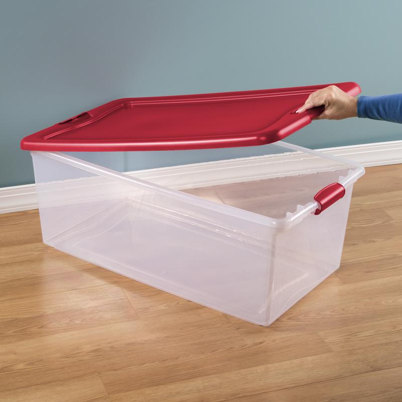 106 Qt Clear Plastic Storage Box with Red Latching Lid (4-Pack) – Large Stackable Storage Containers with Handles for Home, Garage, Closet, and Office Organization – 33.9" L x 18.8" W x 13" H