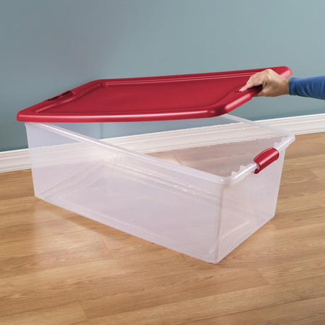 106 Qt Clear Plastic Storage Box with Red Latching Lid (4-Pack) – Large Stackable Storage Containers with Handles for Home, Garage, Closet, and Office Organization – 33.9" L x 18.8" W x 13" H
