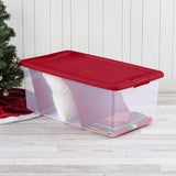 106 Qt Clear Plastic Storage Box with Red Latching Lid (4-Pack) – Large Stackable Storage Containers with Handles for Home, Garage, Closet, and Office Organization – 33.9" L x 18.8" W x 13" H