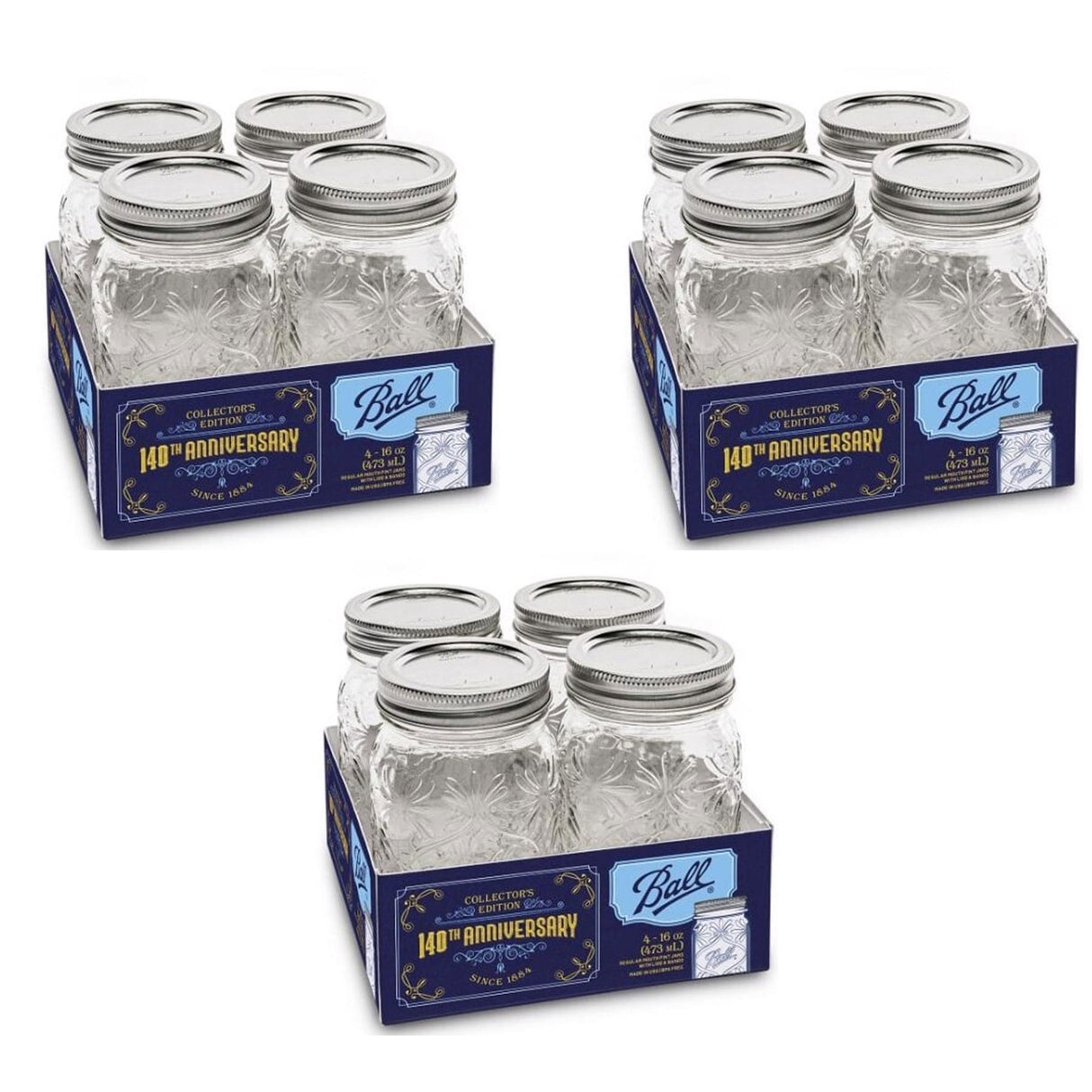 Ball Limited Edition 140th Anniversary Glass Mason Jars, Regular Mouth, Pint Size, 16 OZ, 4-Count, Pack of 3 (12 Jars Total)