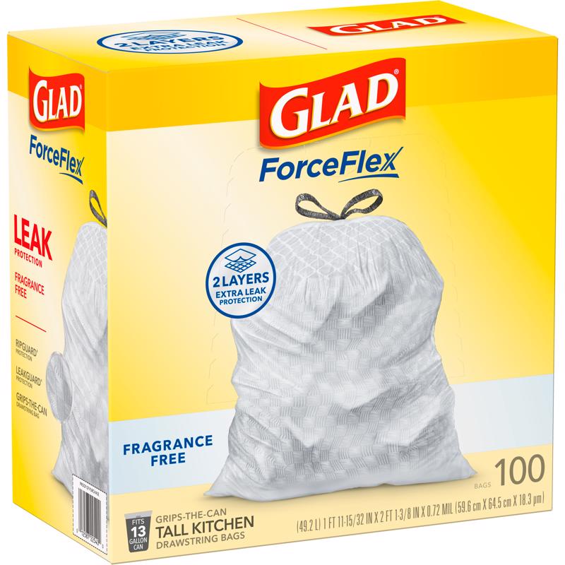 Glad Force Flex 13 gal No Scent Scent Kitchen Trash Bags Drawstring 100 pk 0.72 mil