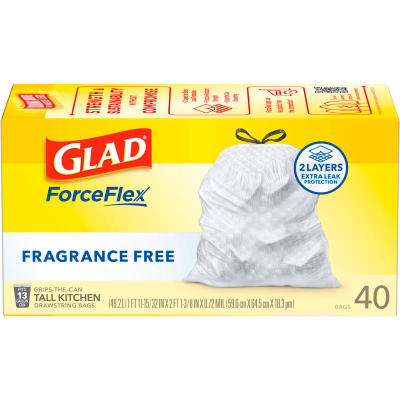 Glad Force Flex 13 gal Kitchen Trash Bags Drawstring 40 pk 0.72 mil