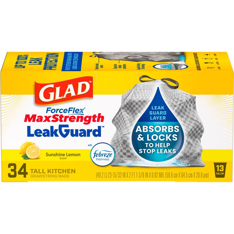 Glad LeakGuard 13 gal Lemon Kitchen Trash Bags Drawstring 34 pk
