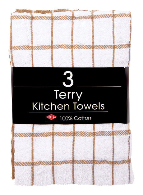 Ritz Mocha Cotton Check Kitchen Towel 3 pk
