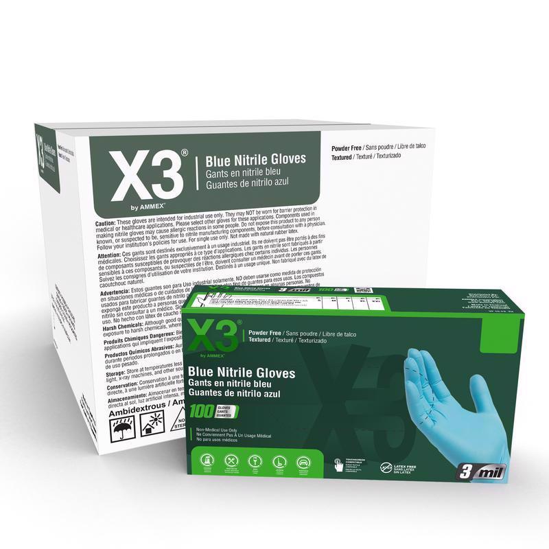 X3 Nitrile Disposable Gloves Large Blue Powder Free 100 pk